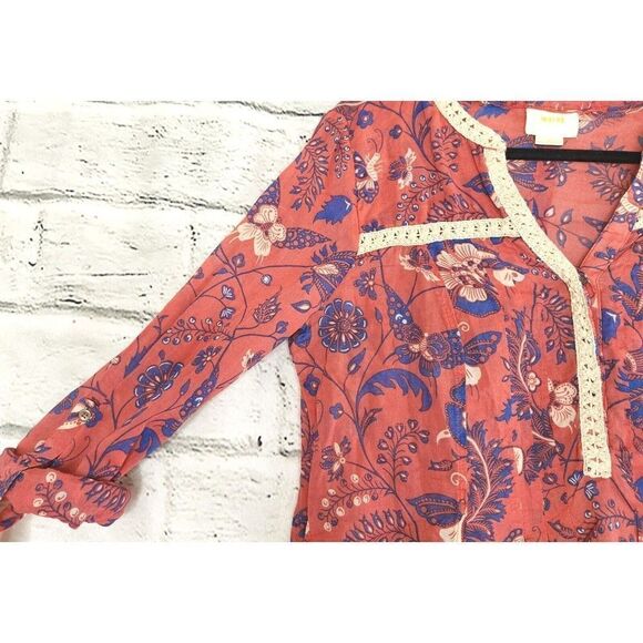 Maeve Anthropologie Floral Butterfly Crochet Trim Blouse Top Shirt Size 8 - Picture 4 of 10